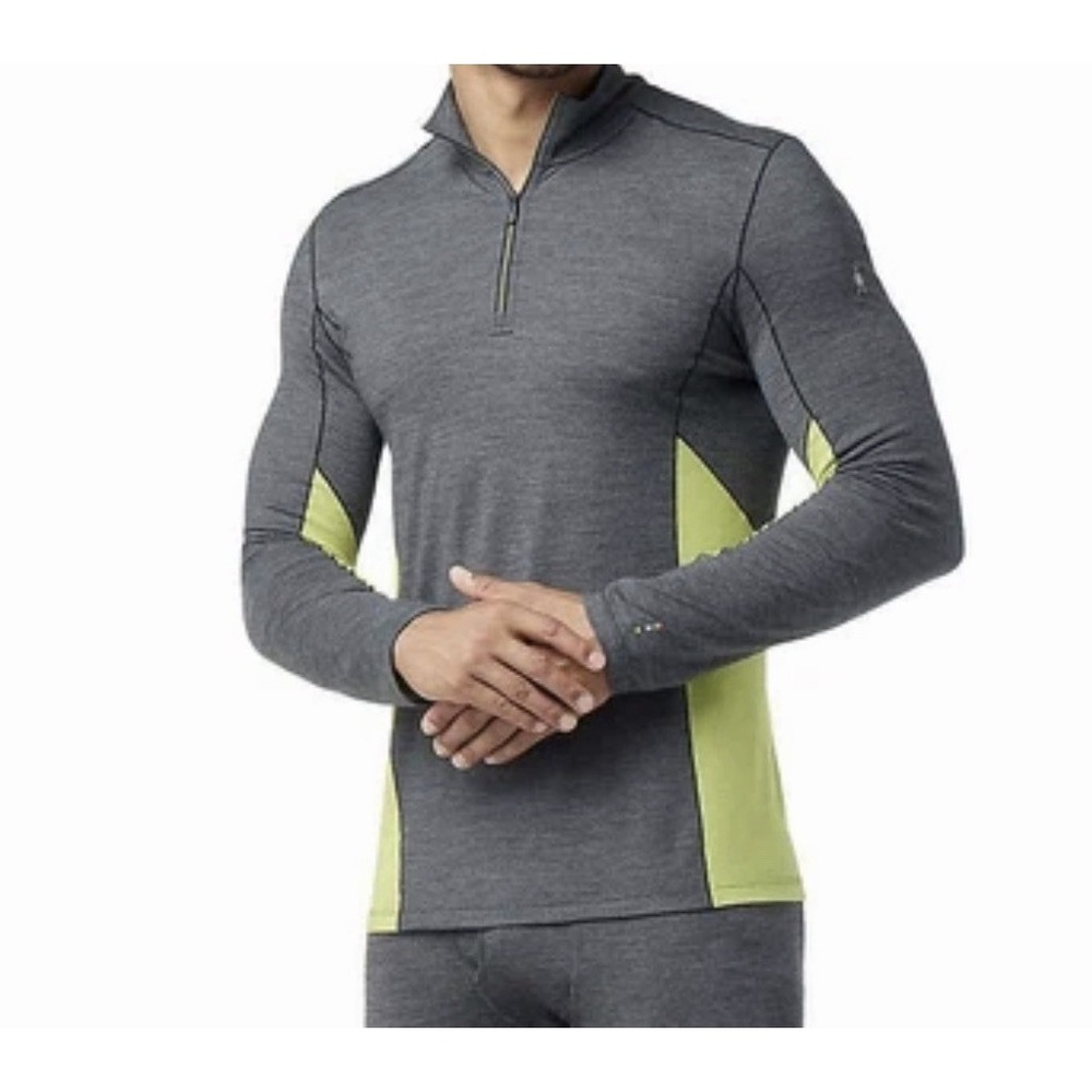 Smartwool Mens L Merino Sport 150 1/4 Zip Pullover Gray Neon Green Base Layer